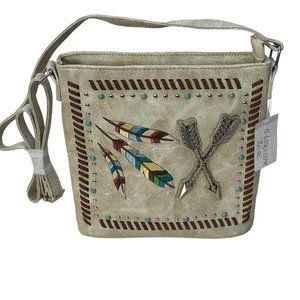 (7-198) Brand New w/Tag Western Theme Beige Shoulder Bag with Adjustable Strap